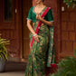 Sophisticated Dark Green Viscose Printed Saree with Diamond-Studded Border & Pallu