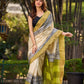 Off-White Handwoven Pure Tussar Silk Block Printed Saree with Traditional Green and Gold Zari Detailing