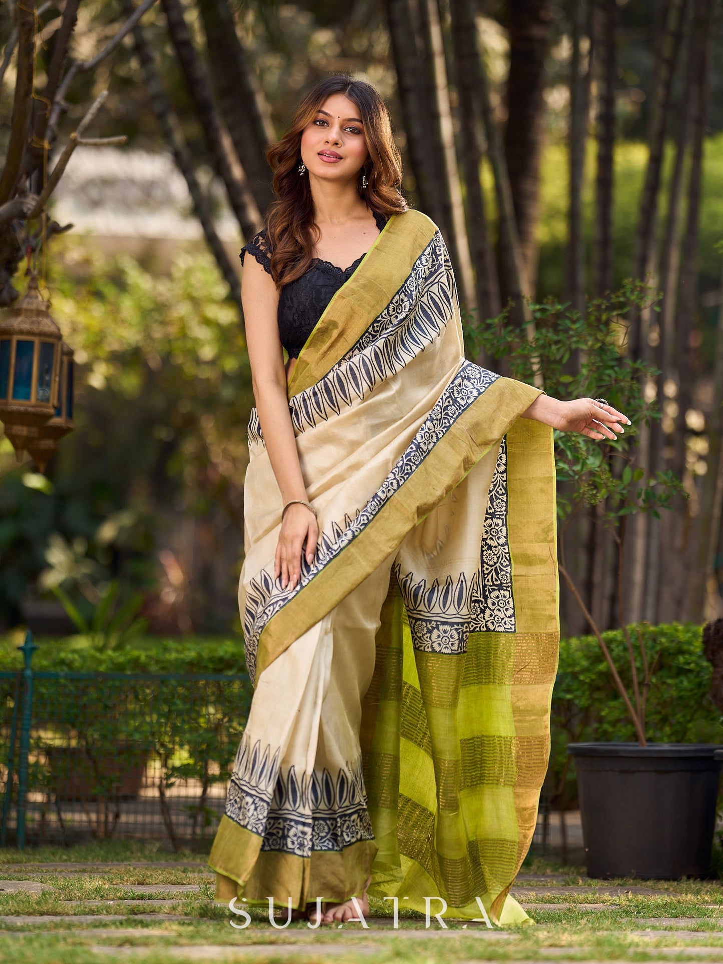 Off-White Handwoven Pure Tussar Silk Block Printed Saree with Traditional Green and Gold Zari Detailing