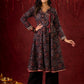 Timeless Black Ajrakh Flared Anarkali with Subtle Artisanal Hand Embroidered Touch