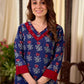 Elegant Navy Blue Tulip Buti Print Cotton Kurta with Pearl Embellished Neckline