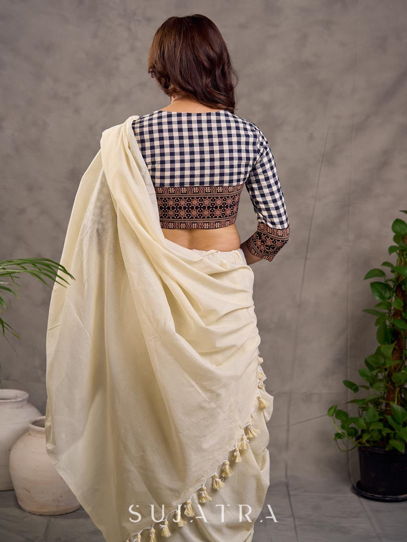 Black and White Checkered Cotton Blouse with 3/4th Sleeves and Ajrakh Print Cuff Border