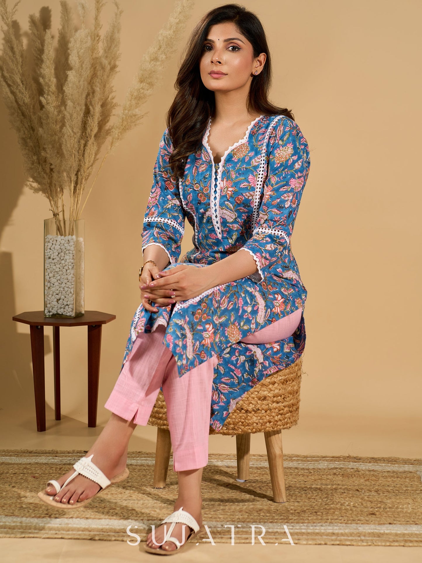 Blue Blossom Mul Cotton Printed Kurta with Delicate Lace Accents