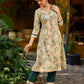 Soft cream delicate floral a line kurta with refined bottle green accents