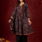Timeless Black Ajrakh Flared Anarkali with Subtle Artisanal Hand Embroidered Touch