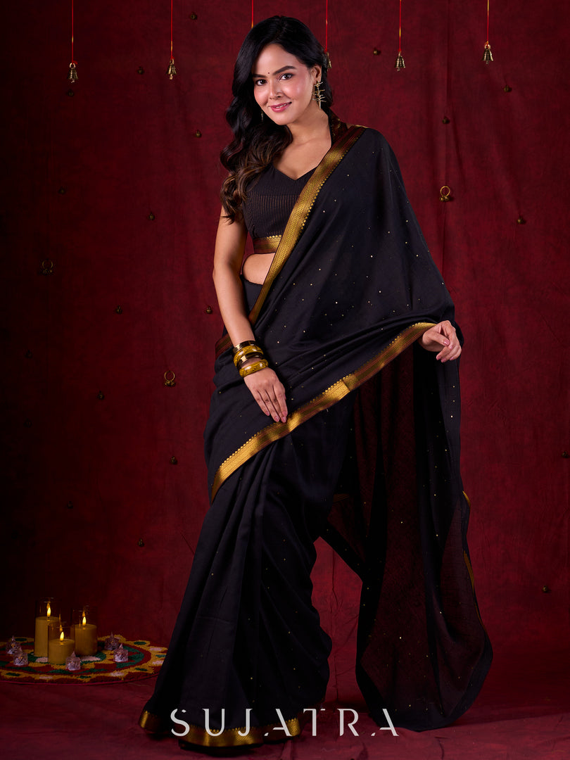 Black Luxe Saree Featuring All-Over Sequins and Ornate Zari Border