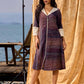 Indigo And Maroon Striped Cotton Dress With Contrast Lace & Hakoba Accents