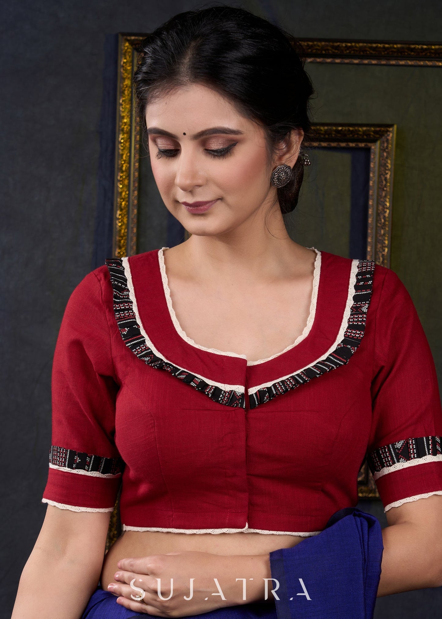 Maroon Cotton Frilled Neck Blouse