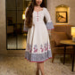 Blooming White Flared Cotton Dress with Placement Block Print Florals & Indigo Geometric Hem & Cuff Band