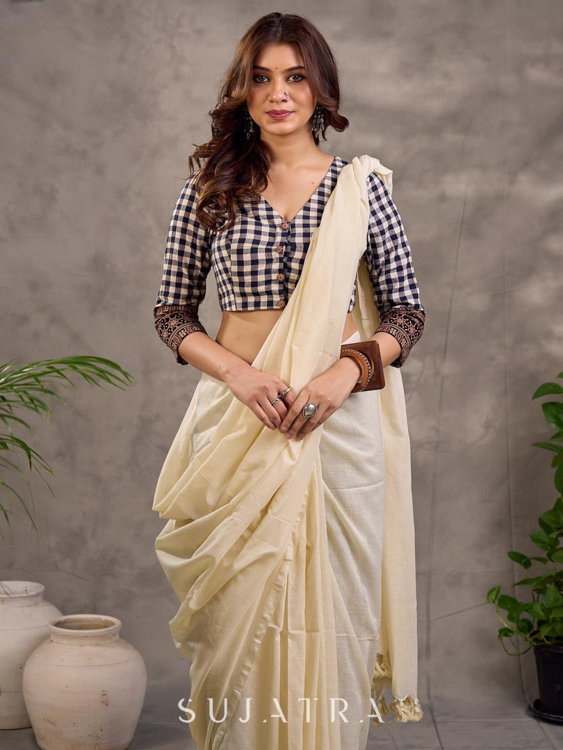 Black and White Checkered Cotton Blouse with 3/4th Sleeves and Ajrakh Print Cuff Border