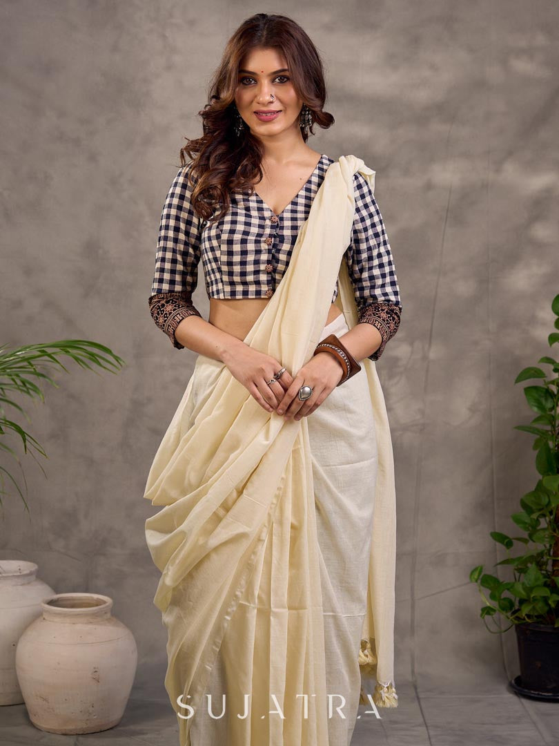 Black and White Checkered Cotton Blouse with 3/4th Sleeves and Ajrakh Print Cuff Border
