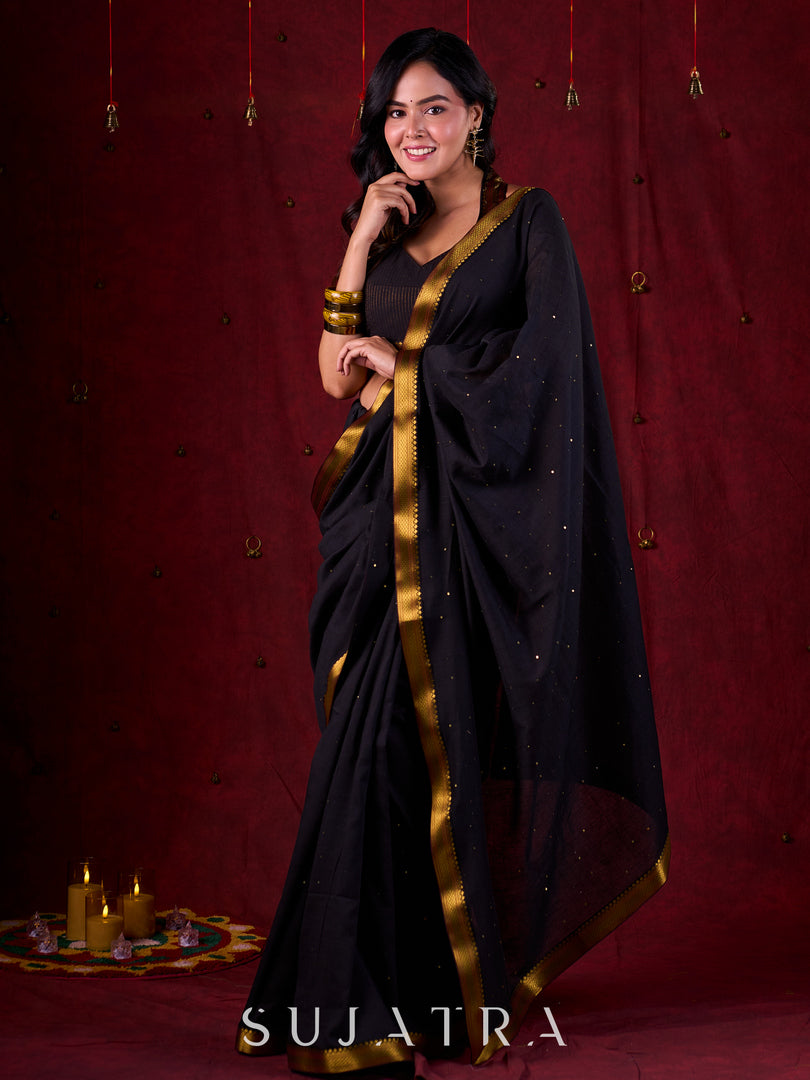 Black Luxe Saree Featuring All-Over Sequins and Ornate Zari Border