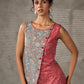 Grey and Rust Kalamkari inspired floral vine printed overlap dress with red accents