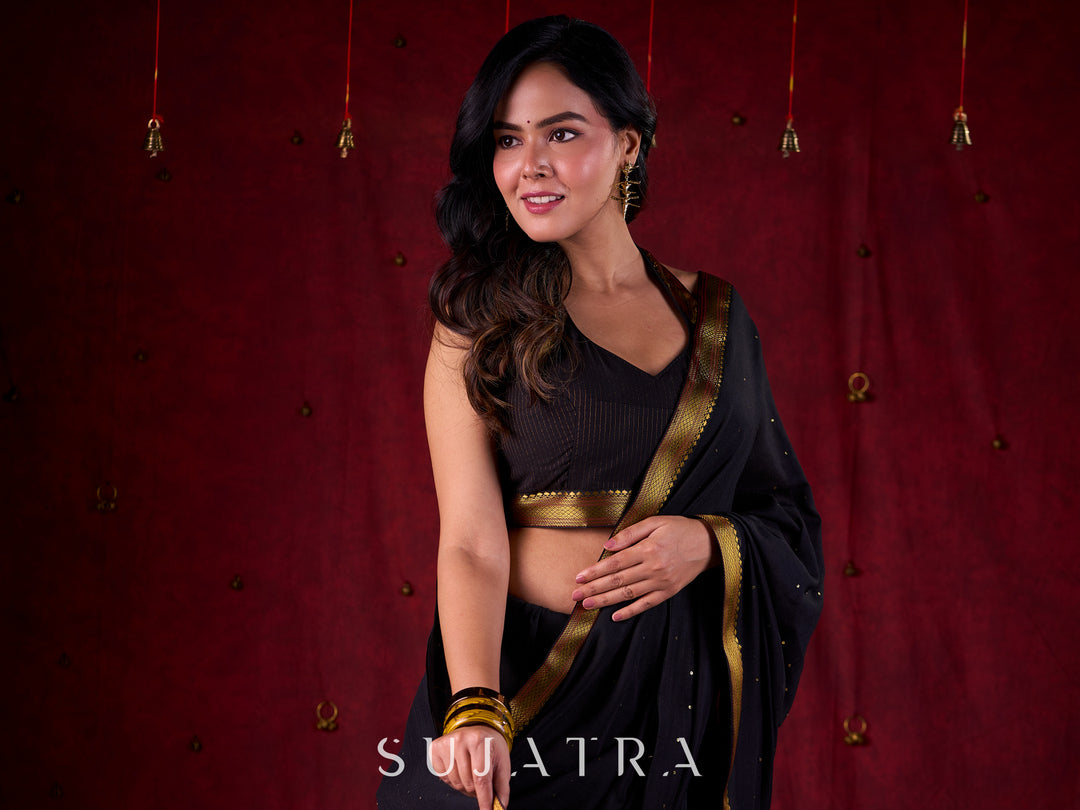 Black Luxe Saree Featuring All-Over Sequins and Ornate Zari Border