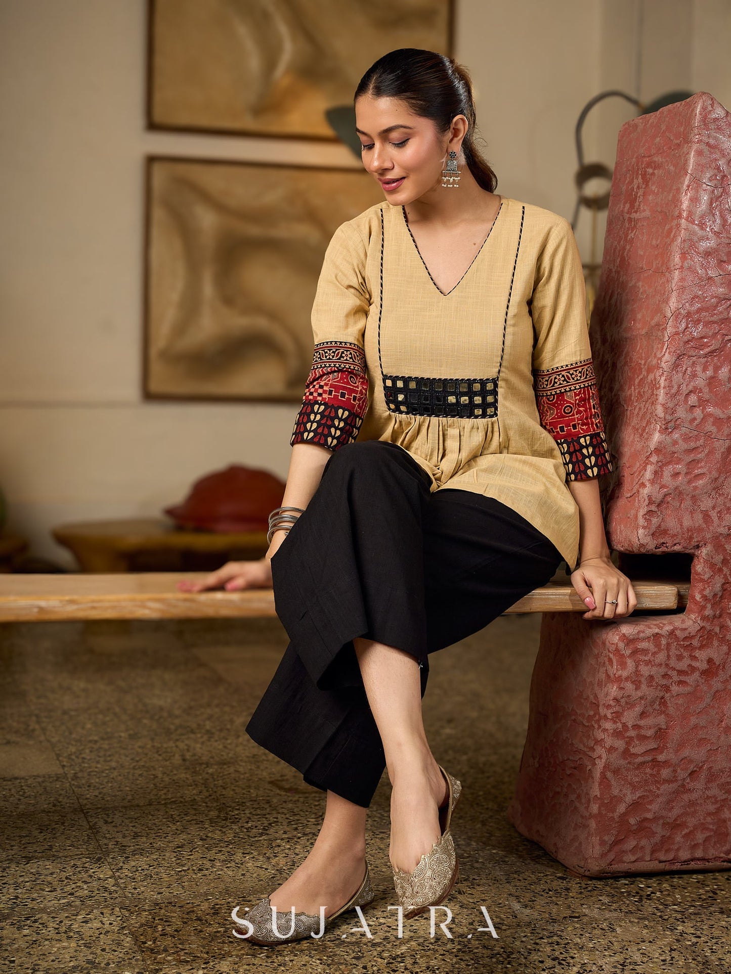 Chic Beige Cotton Top Enhanced With Ajrakh Print Sleeves And An Embellished Mirror Work Yoke