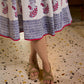 Blooming White Flared Cotton Dress with Placement Block Print Florals & Indigo Geometric Hem & Cuff Band
