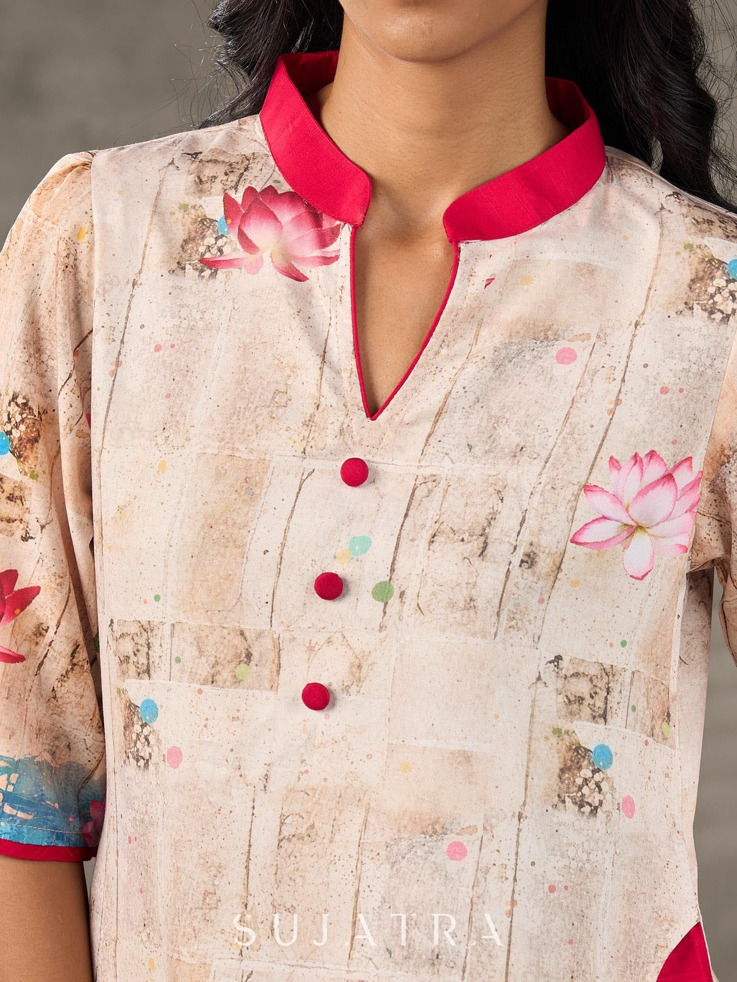 Pichwai-inspired off white lotus print dress with pink accents.