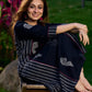 Black Cotton Kurta with Fish Print and Striped Panels Accentuated with Magenta Highlights