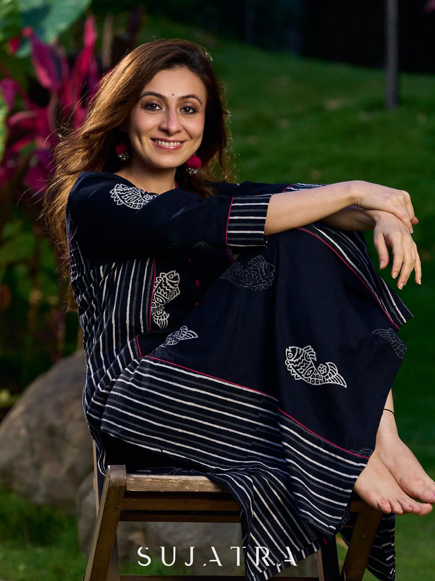 Black Cotton Kurta with Fish Print and Striped Panels Accentuated with Magenta Highlights