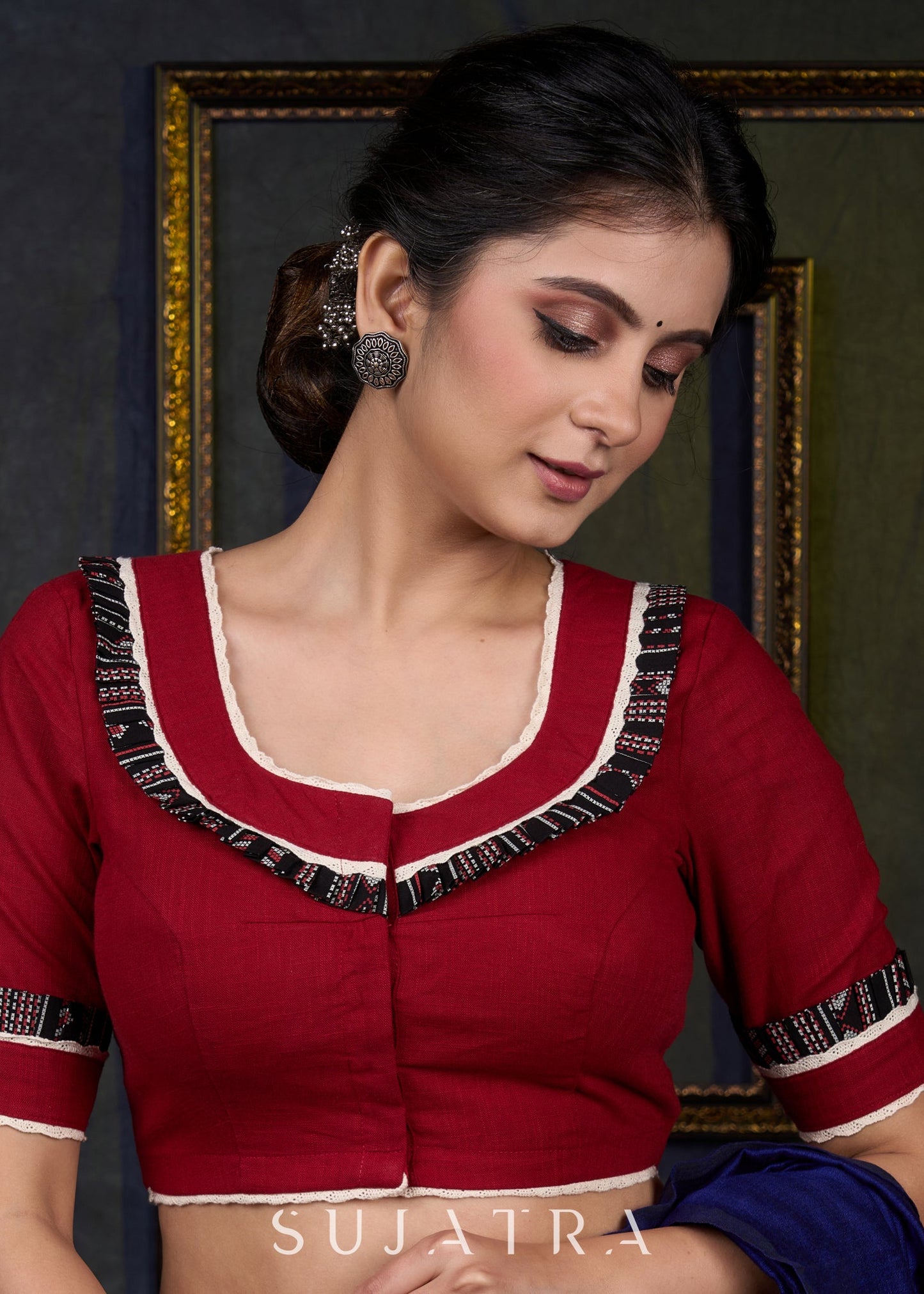 Maroon Cotton Frilled Neck Blouse
