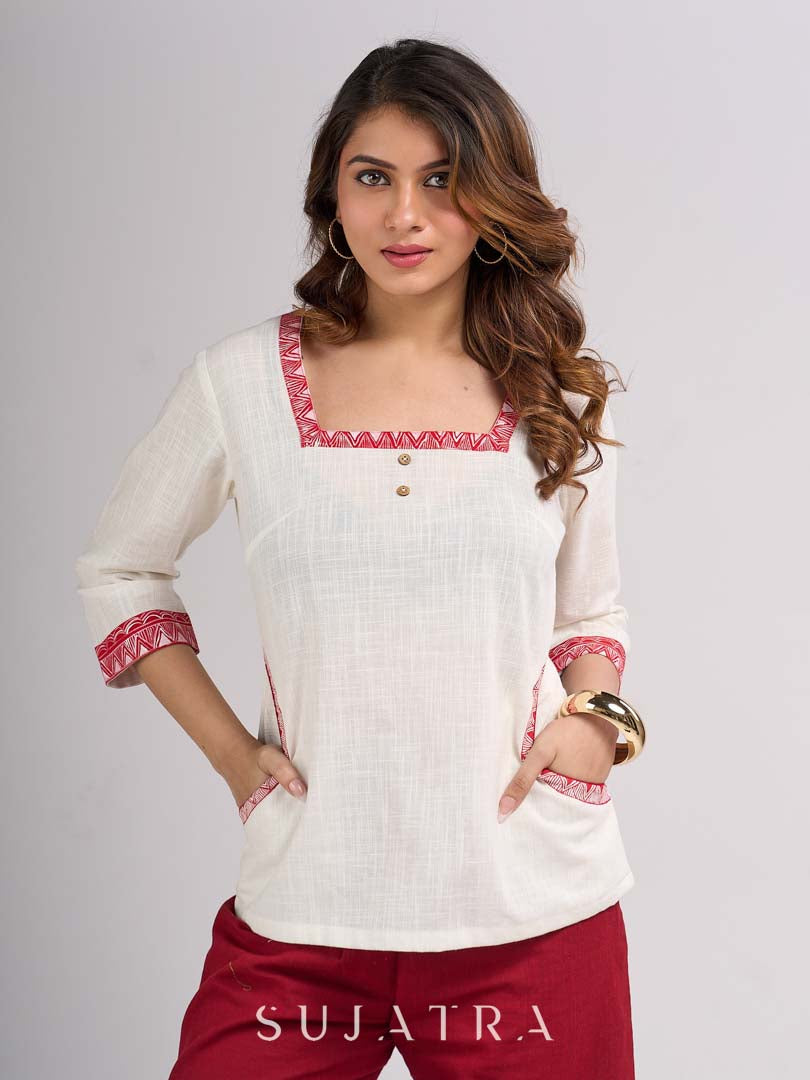 Ivory Cotton Straight Top with Madhubani Hand Painted Sleeves and Pockets