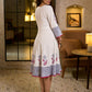 Blooming White Flared Cotton Dress with Placement Block Print Florals & Indigo Geometric Hem & Cuff Band