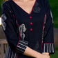 Black Cotton Kurta with Fish Print and Striped Panels Accentuated with Magenta Highlights