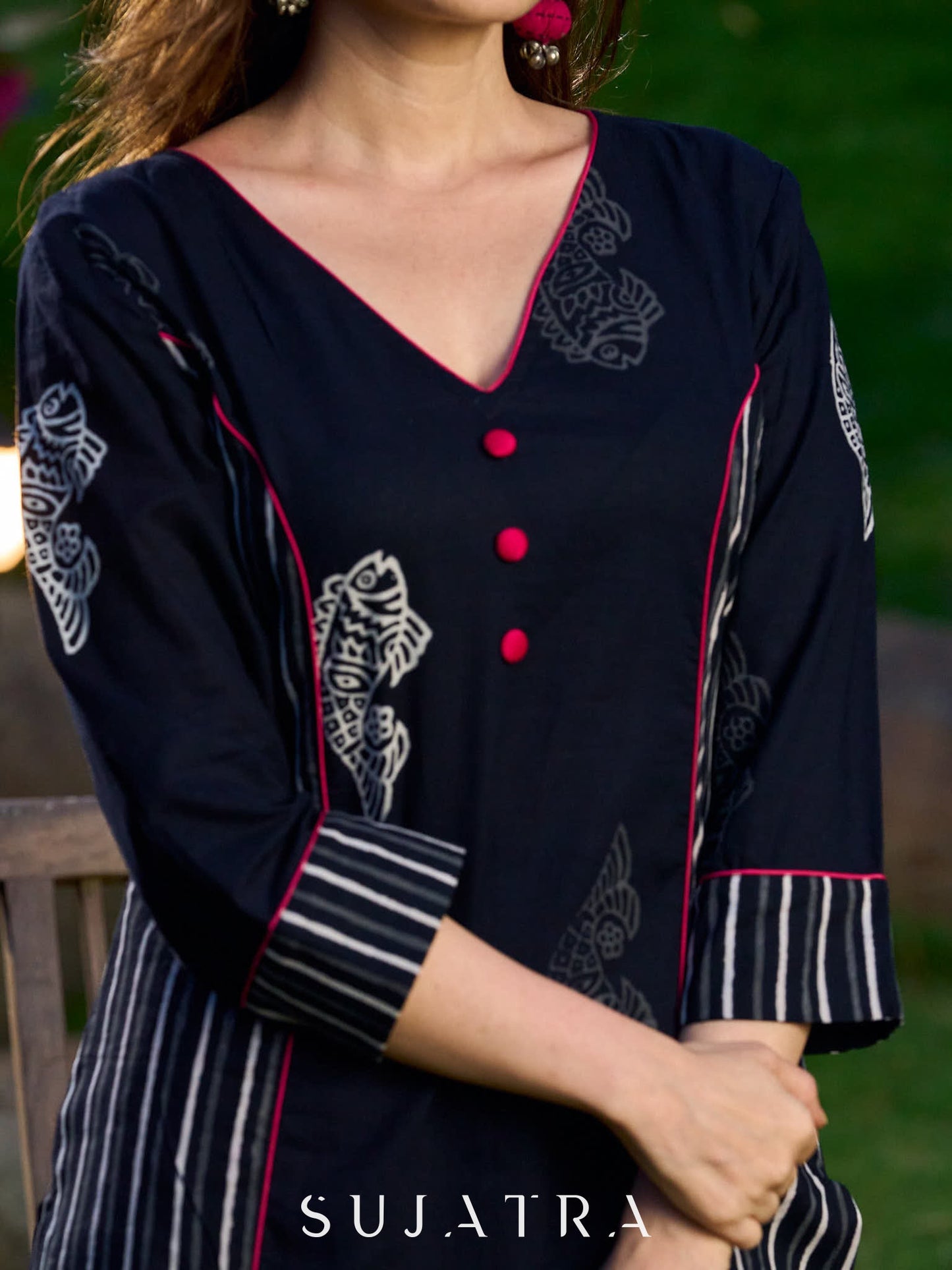 Black Cotton Kurta with Fish Print and Striped Panels Accentuated with Magenta Highlights