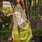 Off-White Handwoven Pure Tussar Silk Block Printed Saree with Traditional Green and Gold Zari Detailing