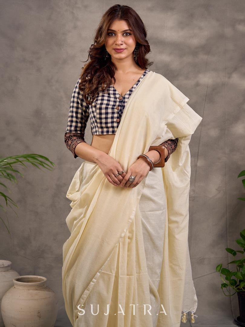 Black and White Checkered Cotton Blouse with 3/4th Sleeves and Ajrakh Print Cuff Border