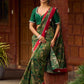 Sophisticated Dark Green Viscose Printed Saree with Diamond-Studded Border & Pallu