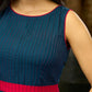 Moonlight Bloom Pintucked Navy Blue Flared Dress with Pink Pop