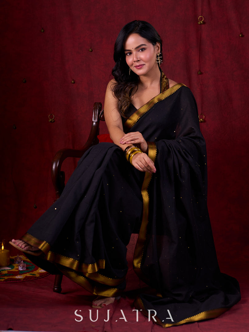 Black Luxe Saree Featuring All-Over Sequins and Ornate Zari Border