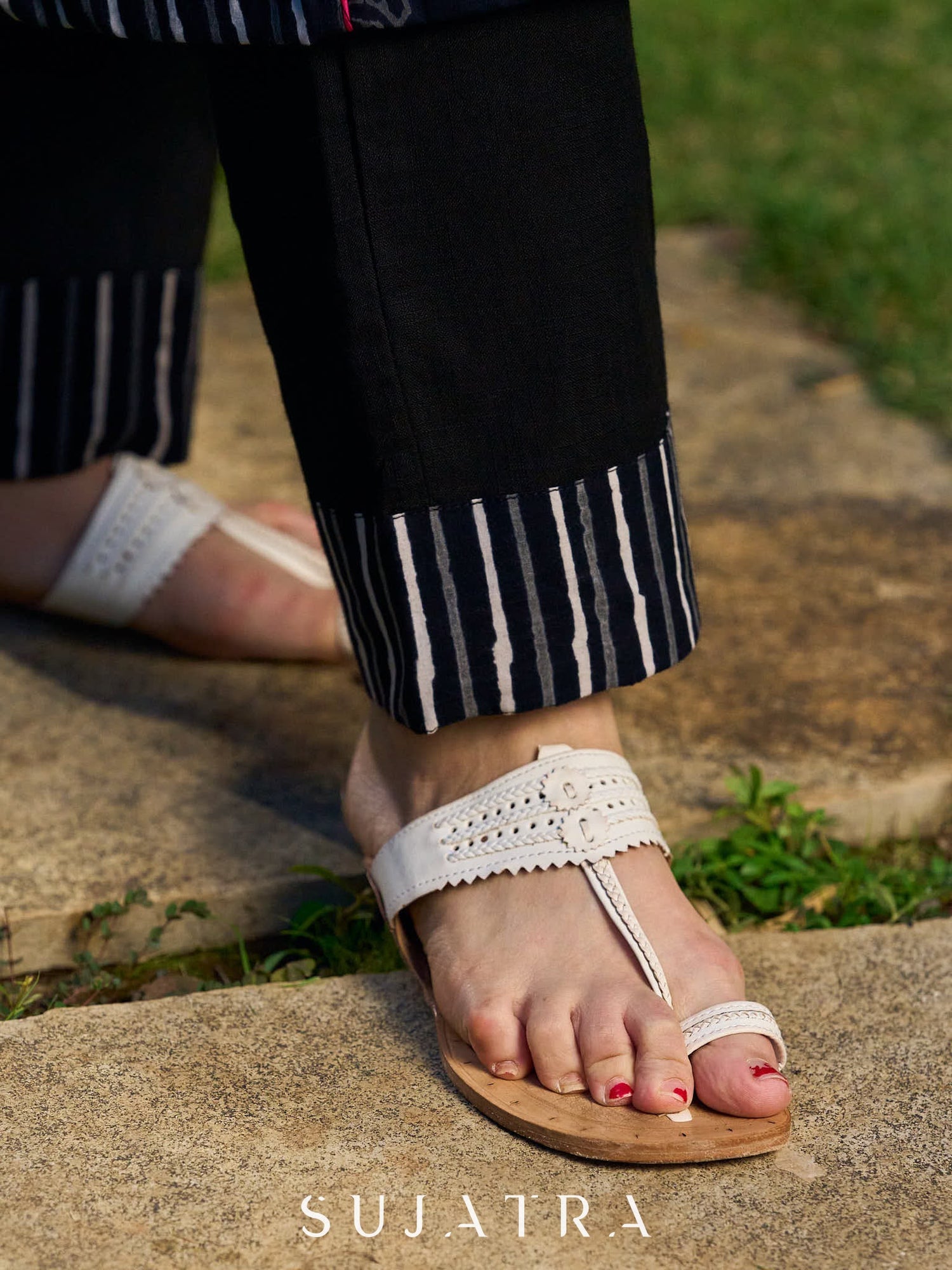 Black Straight Pants with Stipe Border