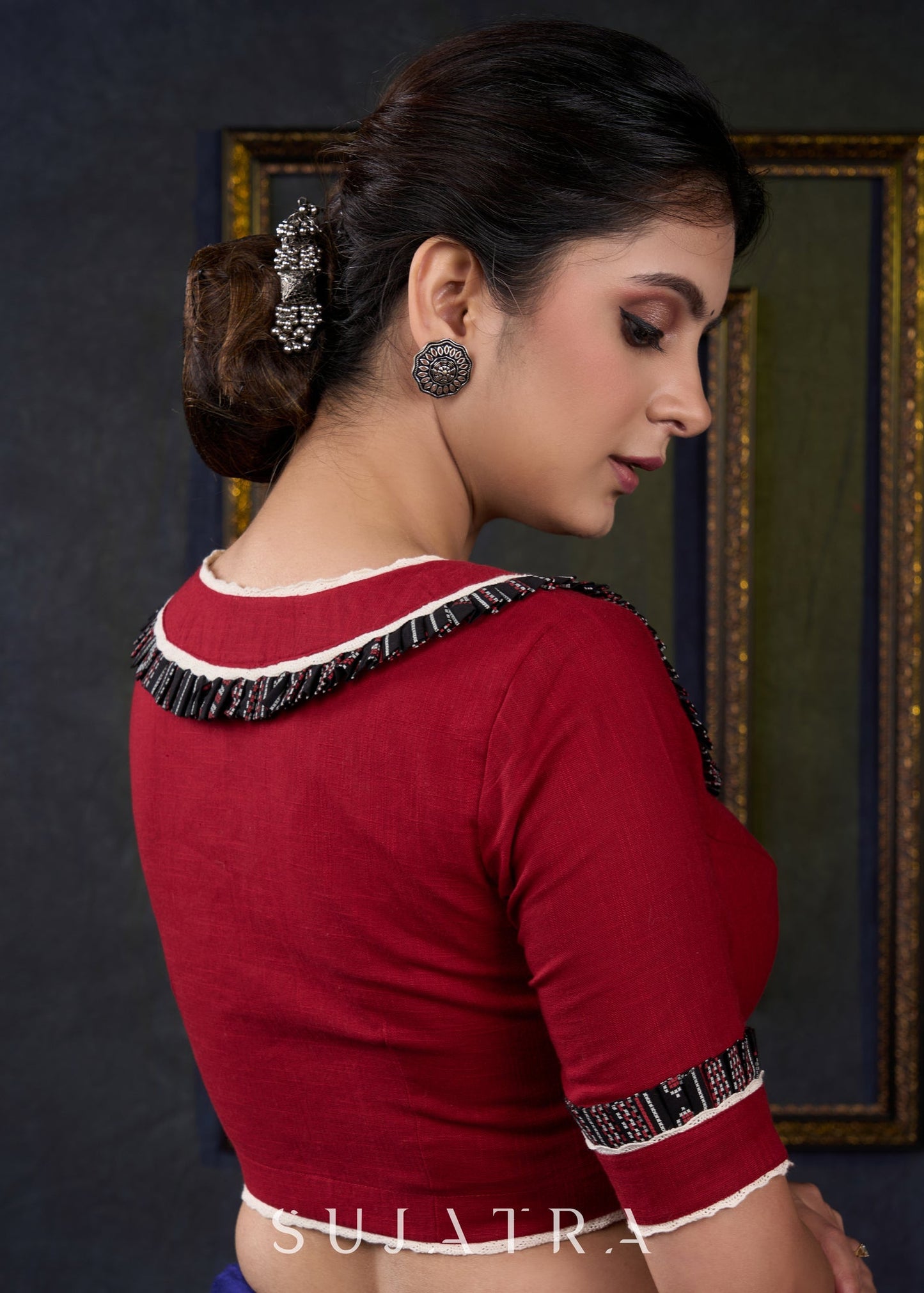 Maroon Cotton Frilled Neck Blouse