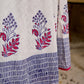 Blooming White Flared Cotton Dress with Placement Block Print Florals & Indigo Geometric Hem & Cuff Band