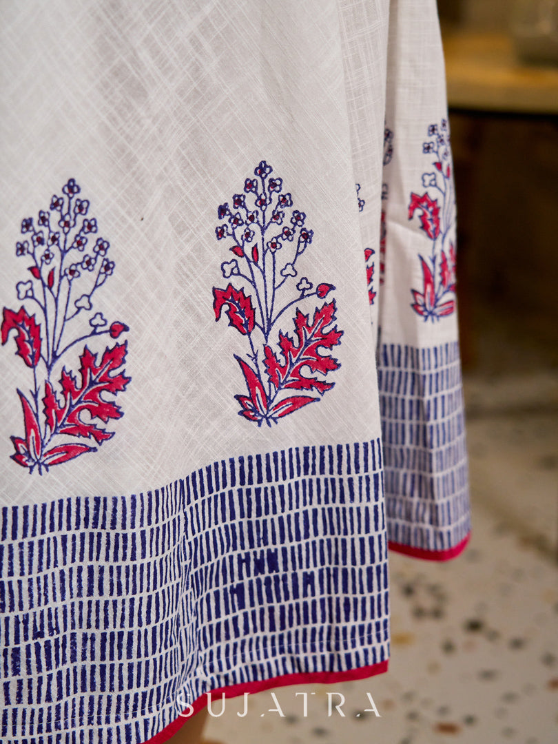 Blooming White Flared Cotton Dress with Placement Block Print Florals & Indigo Geometric Hem & Cuff Band