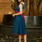 Moonlight Bloom Pintucked Navy Blue Flared Dress with Pink Pop