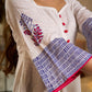 Blooming White Flared Cotton Dress with Placement Block Print Florals & Indigo Geometric Hem & Cuff Band