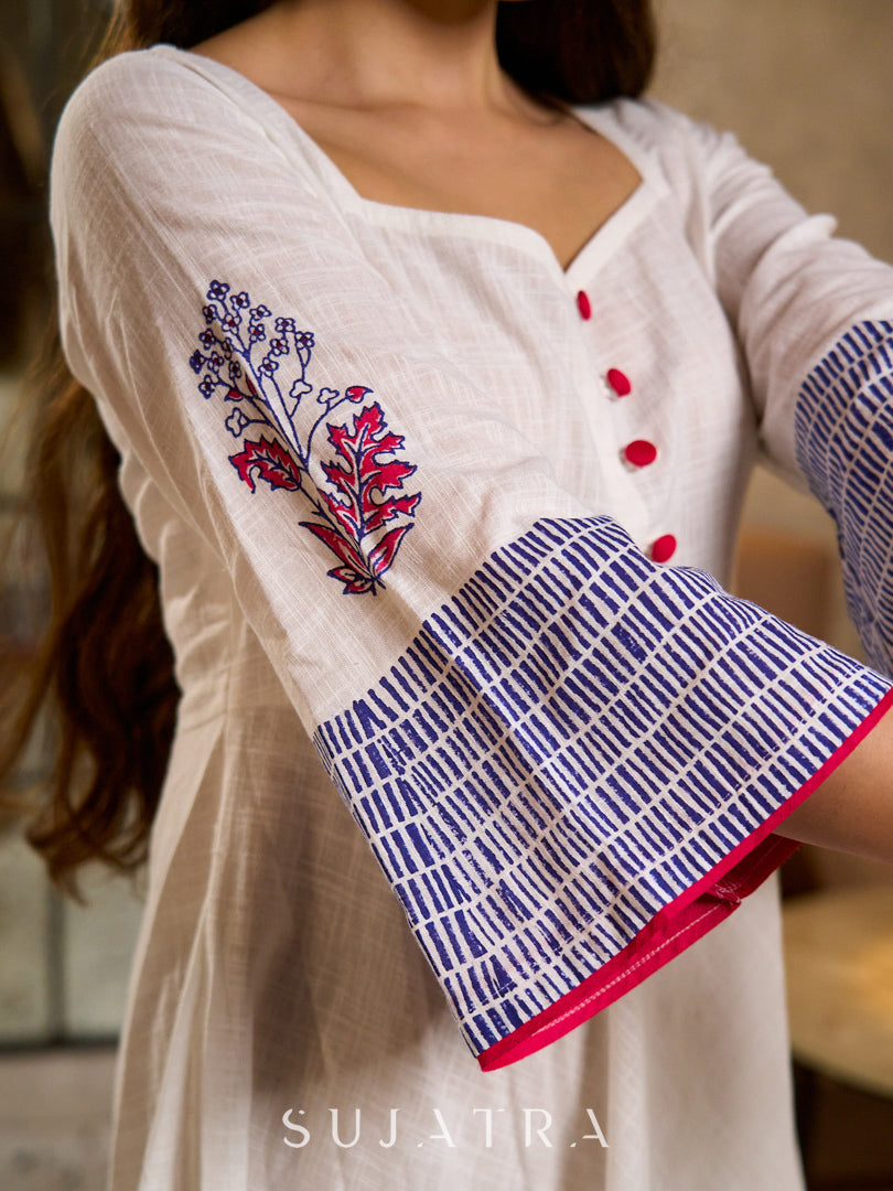 Blooming White Flared Cotton Dress with Placement Block Print Florals & Indigo Geometric Hem & Cuff Band