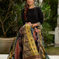 Modern colourful Ajrakh lehenga beautifully contrasted by a sleek black gathered topwear.