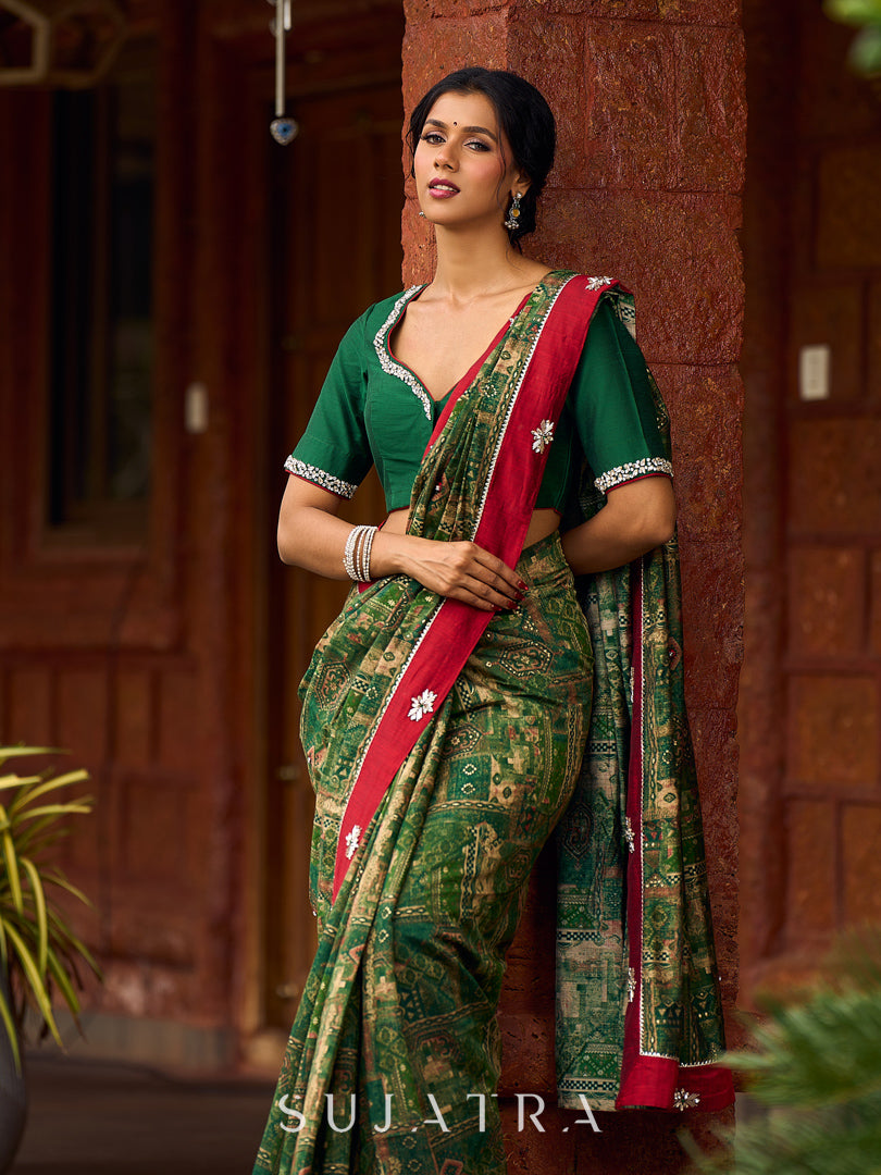 Sophisticated Dark Green Viscose Printed Saree with Diamond-Studded Border & Pallu