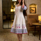 Blooming White Flared Cotton Dress with Placement Block Print Florals & Indigo Geometric Hem & Cuff Band
