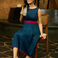 Moonlight Bloom Pintucked Navy Blue Flared Dress with Pink Pop