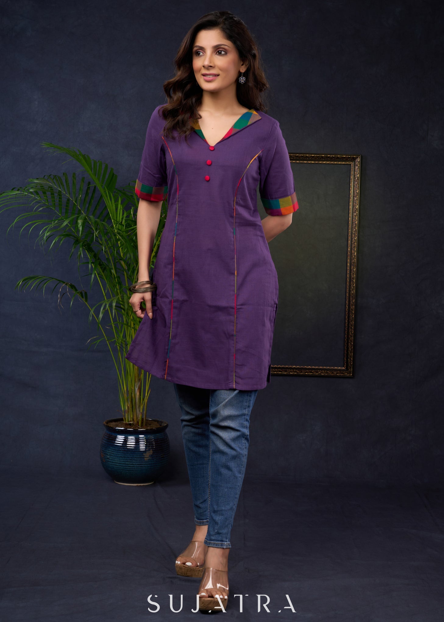 Stylish Purple Cotton Collared Tunic , For Everyday Wear