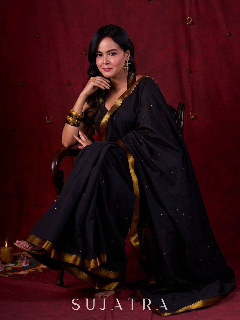 Black Luxe Saree Featuring All-Over Sequins and Ornate Zari Border