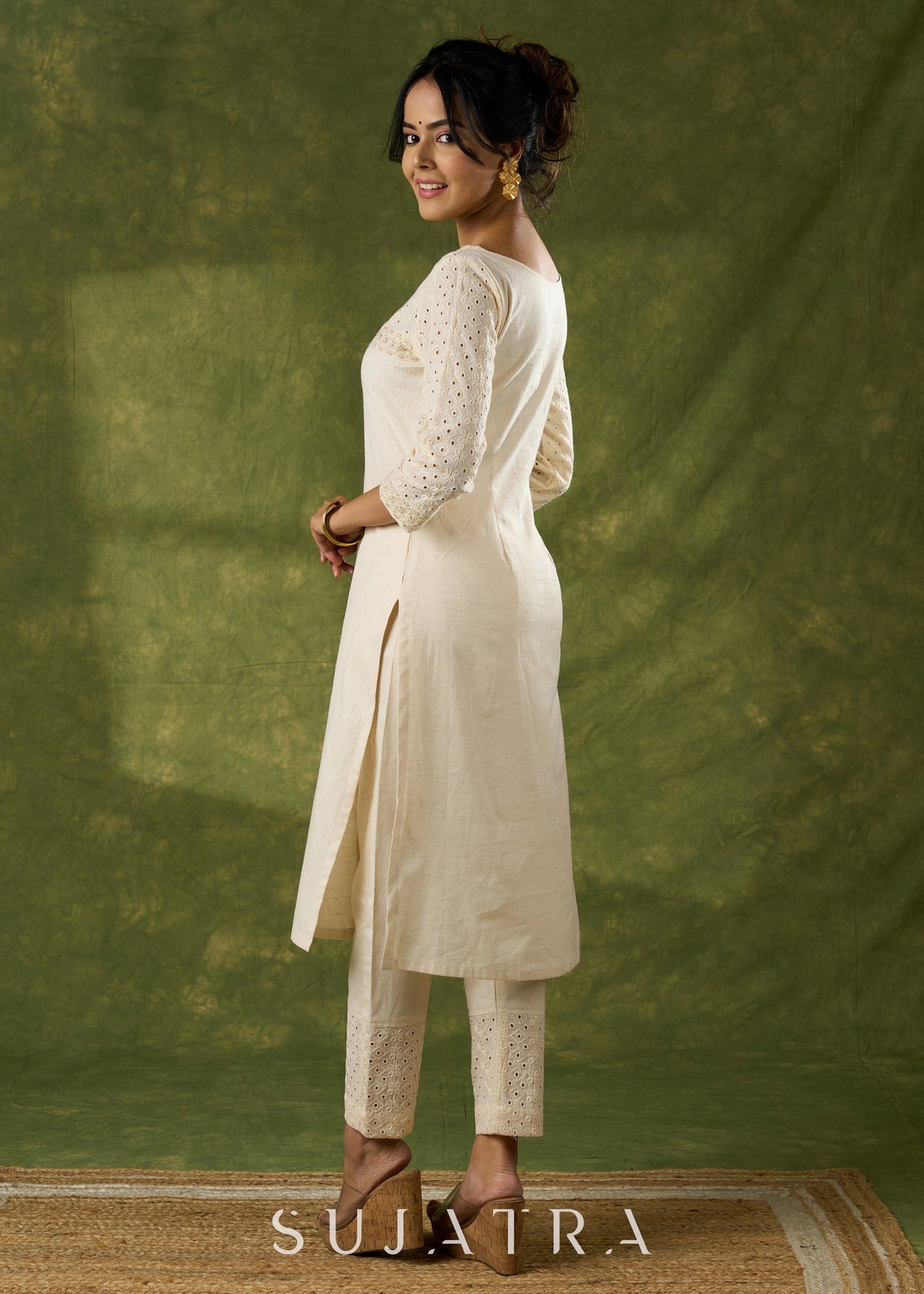 Elegant Cotton Hakoba off White Kurta - Pant Optional
