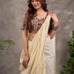 Brown and Beige Geometric Print Blouse with Elbow Sleeves and Sweetheart Neckline