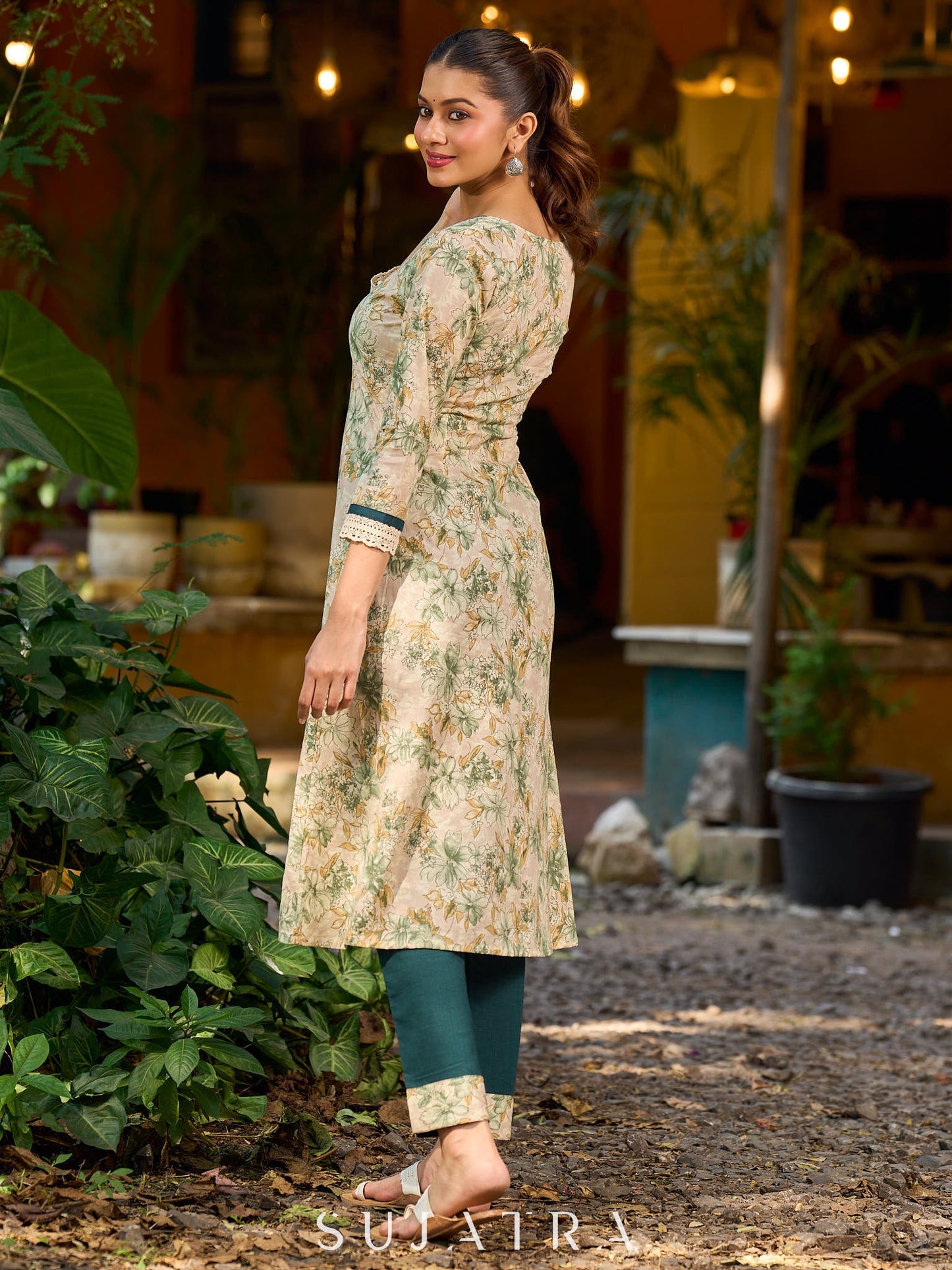 Soft cream delicate floral a line kurta with refined bottle green accents