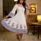 Blooming White Flared Cotton Dress with Placement Block Print Florals & Indigo Geometric Hem & Cuff Band